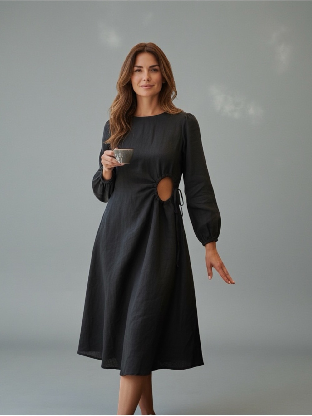 DISSH Black Long-Sleeve Midi Dress with Side Cutout and Tie